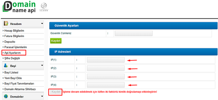 İzin Verilen IP Listesi Nasıl Güncellenir? - Domain Name API