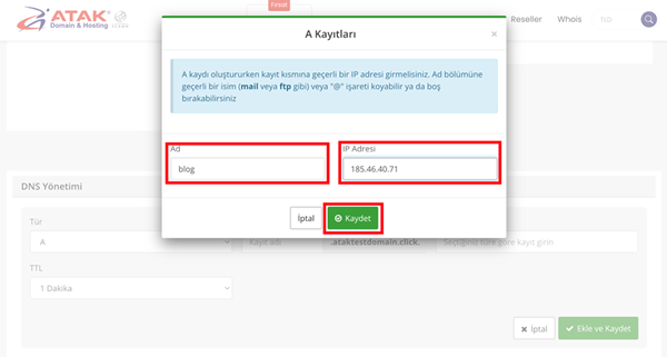 A Kaydı Ekleme