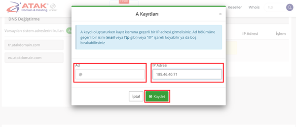 A Kaydı Ekleme