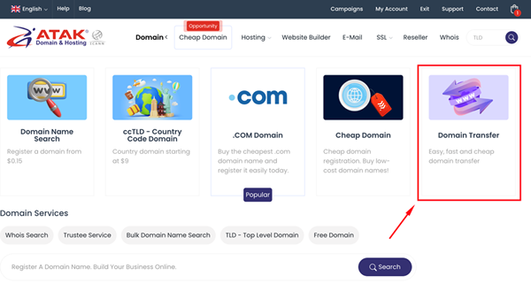 How can I transfer a domain from another provider to my Atak Domain account?