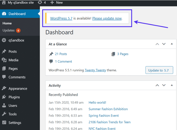 Find current version of WordPress and update