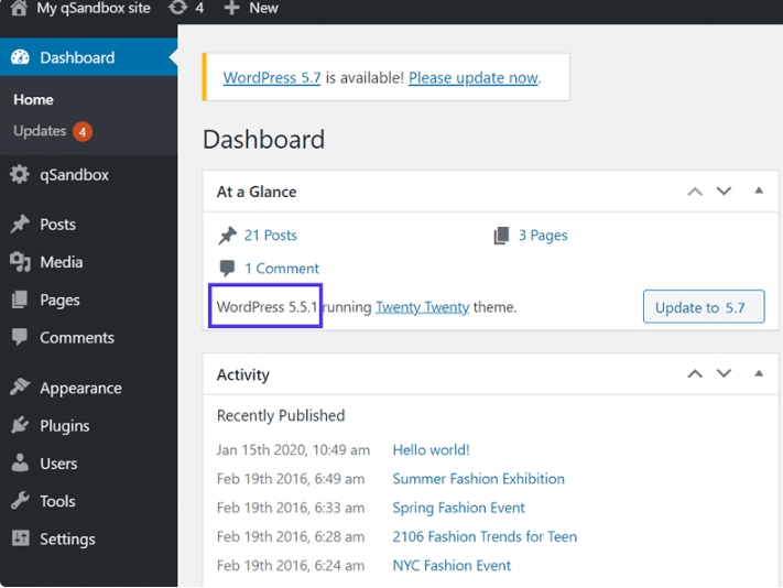 Find current version of WordPress and update