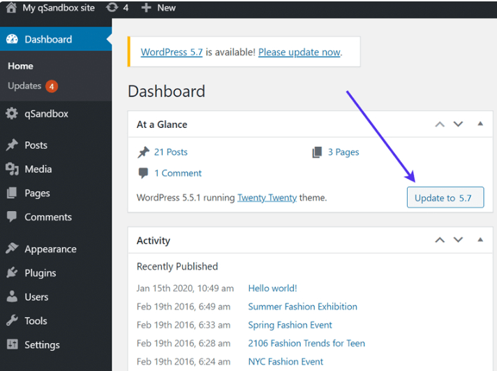 Find current version of WordPress and update