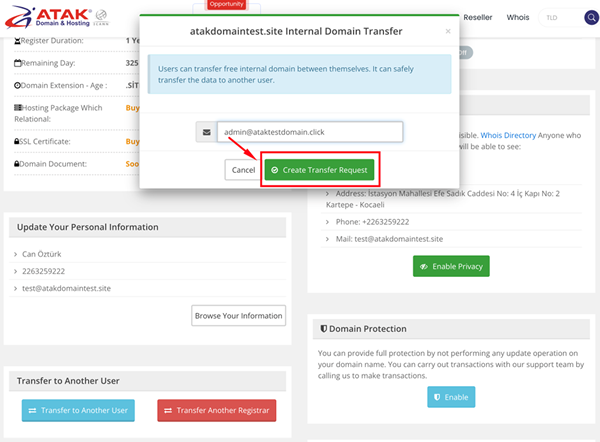 Transferring my domain to another Atakdomain account