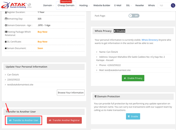 Transferring my domain to another Atakdomain account