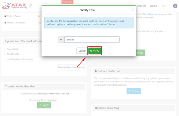Transferring my domain to another Atakdomain account