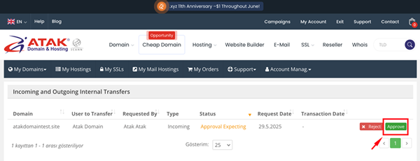 Transferring my domain to another Atakdomain account