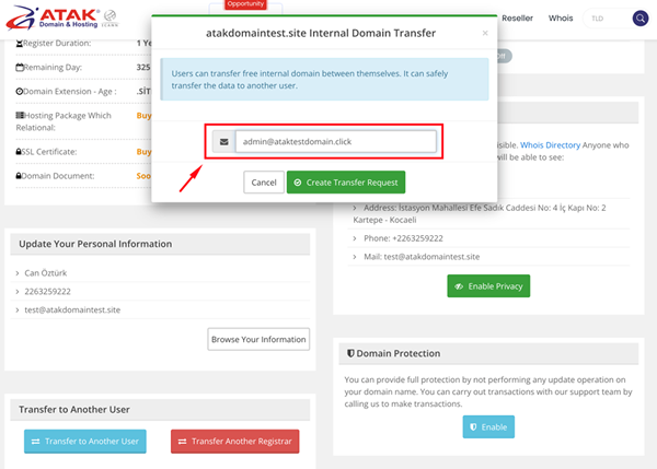 Transferring my domain to another Atakdomain account